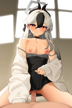 1boy 1girl black_choker black_dress black_hair black_horns black_panties blue_archive breasts breasts_out bright_pupils cardigan censored choker clothed_sex clothes_pull clothing_aside cowgirl_position demon_horns dot_nose double-parted_bangs double_strap_slip dress dress_pull ear_piercing earrings ett evening_gown gluteal_fold gradient_hair grey_cardigan grey_halo hair_between_eyes hair_intakes halo heart hetero highres horns imminent_penetration jewelry just_the_tip kayoko_(blue_archive) kayoko_(dress)_(blue_archive) long_hair medium_breasts mole mole_on_neck mosaic_censoring multicolored_hair nipple_piercing nipples no_bra no_sclera off_shoulder official_alternate_costume official_alternate_hairstyle panties panties_aside pendant_choker penis piercing pov pov_crotch pussy red_eyes sex short_dress sleeveless sleeveless_dress solo solo_focus straddling streaked_hair stud_earrings sweat thighs two-tone_hair underwear vaginal white_hair white_pupils