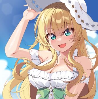 1girl :d aqua_eyes arm_up blonde_hair blue_sky blunt_bangs blush bow breasts cleavage collarbone commentary_request day dress dress_bow eyes_visible_through_hair floating_hair green_bow hair_between_eyes halterneck happy hat highres holding holding_own_hair iris_murphy large_breasts lens_flare long_hair mugen_no_tir_na_nog off-shoulder_dress off_shoulder open_mouth outdoors ray_(rays_26) sidelocks sky sleeveless sleeveless_dress smile solo sparkling_eyes sun_hat sundress upper_body very_long_hair white_dress white_hat