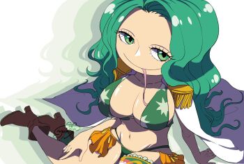 1girl boa_sandersonia boots breasts cape commentary_request epaulettes eyelashes forked_tongue green_eyes green_hair high_heel_boots high_heels highres large_breasts looking_at_viewer one_piece shadow signature single_thighhigh smile solo thighhighs tongue wavy_hair white_cape yuuya_(hakase-luv)