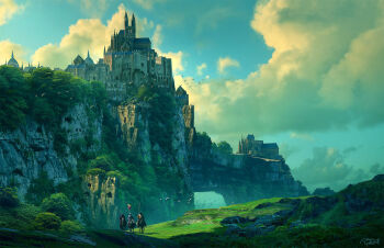 Rule 34 | 3boys, banner, blue sky, castle, cloud, commentary, english commentary, flock, grass, highres, holding, holding banner, horseback riding, knight, landscape, medieval, mountain, multiple boys, original, outdoors, painterly, raphael-lacoste, riding, rock, scenery, signature, sky, sunlight