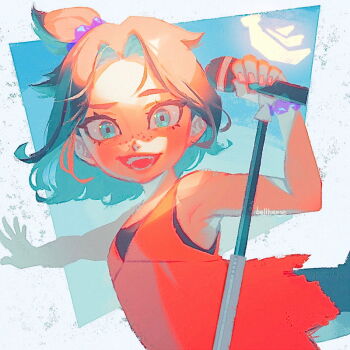 1girl bellhenge blue_eyes brown_hair donkey_kong_(series) donkey_kong_bananza freckles looking_at_viewer mario_(series) nintendo open_mouth pants pauline_(mario) pauline_(young)_(mario) shirt sleeveless smile solo teeth