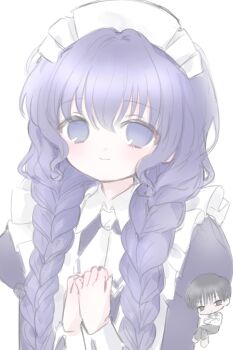 1girl apron black_dress blue_eyes blue_hair braid chobits closed_mouth collared_dress dress frilled_apron frills hair_between_eyes highres juliet_sleeves light_smile long_hair long_sleeves looking_at_viewer maid maid_apron maid_headdress mipi_(u3u_00) own_hands_together puffy_sleeves simple_background sketch solo twin_braids upper_body very_long_hair white_apron white_background yuzuki_(chobits)