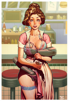 1girl absurdres annie_hughes apron artist_name blouse box_of_want brown_hair collarbone diner faceless faceless_male fingering grabbing_another's_breast green_eyes groping hair_bun highres ketchup_bottle lace lace-trimmed_legwear lace_trim lingerie mature_female molestation napkin_holder notepad open_clothes open_mouth outline pen pepper_shaker pink_shirt pink_skirt red_lips round_teeth salt_shaker shirt single_hair_bun skirt stool sweat sweatdrop teeth the_iron_giant thighhighs underwear waitress white_outline