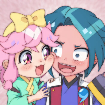 1boy 1girl :3 amabe_kakeru armor blue_eyes blue_hair blue_shirt blush bow cheek-to-cheek diamond-shaped_pupils diamond_(shape) drooling green_kimono hair_bow hairband hands_on_another&#039;s_shoulder heads_together highres jacket japanese_clothes kimono long_sleeves looking_at_another magatama maro_(mashin_souzouden_wataru) mashin_eiyuuden_wataru mashin_souzouden_wataru open_mouth pauldrons pink_background pink_hair red_eyes shirt short_hair shoulder_armor sleeveless sleeveless_jacket smile standing surprised symbol-shaped_pupils t_jiroo_(ringofriend) teeth upper_body white_jacket wide_sleeves yellow_bow