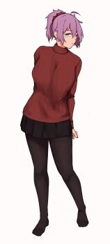 1girl ahoge alternate_costume aoba_(kancolle) black_pantyhose black_skirt blue_eyes brown_scrunchie full_body hair_ornament hair_scrunchie highres ikadamo kantai_collection looking_at_viewer messy_hair pantyhose ponytail purple_hair red_sweater ribbed_sweater scrunchie simple_background skirt solo sweater turtleneck turtleneck_sweater white_background