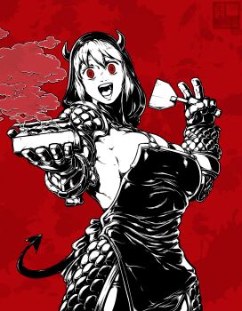 Rule 34 | 1girl, apron, artist name, black apron, box, breasts, cleavage, commentary, demon girl, demon horns, demon tail, dorohedoro, english commentary, greyscale with colored background, highres, holding, holding box, hood, horned hood, horns, large breasts, looking at viewer, mursty, nikaidou (dorohedoro), open mouth, red eyes, solo, spot color, tail, v