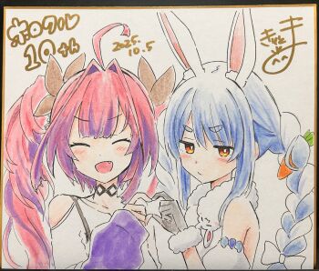 2girls :d ^_^ absurdres bare_shoulders black_gloves blush bow braid carrot_hair_ornament closed_eyes closed_mouth clothing_cutout detached_sleeves don-chan_(usada_pekora) facing_viewer fang food-themed_hair_ornament fur-trimmed_gloves fur_trim gloves hair_bow hair_intakes hair_ornament hand_up heart heart_hands heart_hands_duo highres hololive hololive_dev_is kikirara_vivi kiritoma long_hair multicolored_hair multiple_girls open_mouth photo_(medium) pink_hair puffy_short_sleeves puffy_sleeves purple_hair rabbit-shaped_pupils red_eyes shikishi shirt short_eyebrows short_sleeves shoulder_cutout sleeves_past_wrists smile symbol-shaped_pupils thick_eyebrows traditional_media twin_braids twintails two-tone_hair upper_body usada_pekora usada_pekora_(1st_costume) v-shaped_eyebrows virtual_youtuber white_bow white_shirt white_sleeves