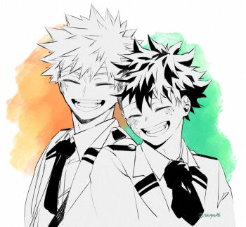 2boys asymmetrical_hair bakugou_katsuki boku_no_hero_academia collared_shirt commentary_request facial_scar freckles jacket male_focus midoriya_izuku multiple_boys navyou38 necktie open_mouth scar scar_on_cheek scar_on_face school_uniform shirt short_hair smile solo spiked_hair spot_color suit_jacket teeth twitter_username u.a._school_uniform upper_body white_background