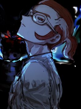 1boy adam's_apple black_background charizard closed_mouth commentary_request frown gen_1_pokemon gin_no_pomeranian glasses grisham_(pokemon) head_back highres looking_at_viewer male_focus multicolored_hair nintendo pokemon pokemon_(creature) pokemon_legends:_z-a ponytail red_eyes red_hair shirt sideburns solo streaked_hair unfinished upper_body white-framed_eyewear white_hair white_shirt