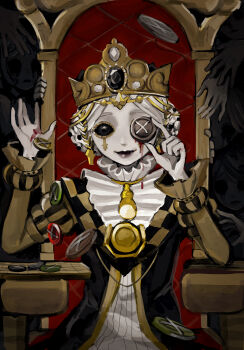 1girl absurdres black_dress black_gemstone black_lips black_sclera buttons colored_sclera colored_skin crown double_bun dress frilled_shirt_collar frilled_sleeves frills galatea_claude galatea_claude_(checkmate) gem hair_bun head_chain highres hoge_(n8sss) identity_v jewelry looking_at_viewer middle_part official_alternate_costume puffy_sleeves raised_eyebrows shadow_hands sitting sitting_on_throne smile solid_eyes solo striped_sleeves upper_body white_hair white_skin yellow_sleeves