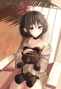 Rule 34 | 1girl, absurdres, barbell piercing, bikini, bikini under clothes, black bikini, black choker, black hair, blue archive, brown eyes, chair, choker, closed mouth, commentary, ear piercing, halo, highres, hugging doll, hugging object, industrial piercing, light blush, lounge chair, misaki (blue archive), misaki (swimsuit) (blue archive), official alternate costume, open clothes, piercing, pinstripe pattern, pinstripe shirt, red halo, sand, shirt, short hair, single bare shoulder, single off shoulder, smile, solo, striped clothes, striped shirt, stuffed animal, stuffed toy, sunglasses, swimsuit, teddy bear, unso (exxxxit), unworn eyewear, vertical-striped clothes, vertical-striped shirt