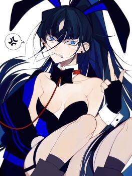 1girl ado_(utaite) animal_ears bandaid bandaids_on_nipples black_bow black_bowtie black_leotard blue_hair bow bowtie breasts collar collarbone dmyfish fake_animal_ears hair_between_eyes leotard long_hair medium_breasts naima_(ado) pasties ponytail rabbit_ears simple_background solo strap strapless strapless_leotard usseewa white_background white_wings wings