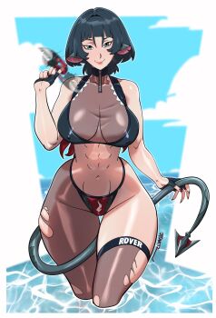 1girl alternate_costume animal_ears black_hair breasts brown_pantyhose cloud grey_eyes highres jane_doe_(zenless_zone_zero) jtt_artz large_breasts looking_at_viewer mouse_ears mouse_girl navel pantyhose see-through_pantyhose short_hair solo tail torn_clothes torn_pantyhose water zenless_zone_zero