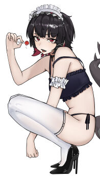 1girl absurdres alternate_costume bikini black_bikini black_hair candy commentary ellen_joe food frilled_bikini frills from_side guwall hair_ornament hairclip high_heels highres holding holding_candy holding_food holding_lollipop lollipop looking_at_viewer maid_headdress mole mole_under_eye panties red_eyes red_hair sharp_teeth short_hair side-tie_bikini_bottom simple_background solo squatting swimsuit tail teeth thighhighs tongue tongue_out underwear white_background white_thighhighs zenless_zone_zero