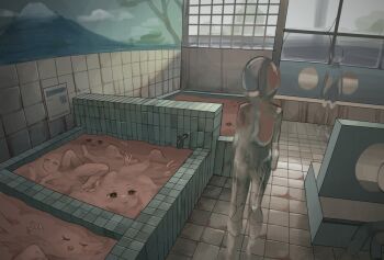 3others bathhouse black_eyes blush_stickers closed_eyes faucet foreshortening full_body indoors mirror multiple_others mural original refraction role_reversal smile standing tensen_(dotted_line) tile tile_floor tile_wall tiles water what window