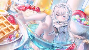 1girl ass blue_eyes blush bowl bread candy chen_bin donut egg_(food) feet flat_chest food fruit glass gloves hair_ornament half_egg highres legs_up loli long_hair maid maid_headdress orange_(fruit) original oversized_food oversized_object pantyhose purple_eyes scenery smile snake_hair_ornament soles strawberry table waffle water white_hair white_pantyhose