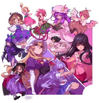 6+girls :/ :d :p alcohol animal_ears animal_print anklet artist_name bandaged_arm bandages barefoot beer beer_mug beerko belt bird_ears bird_wings black_boots black_cape black_gloves black_hair black_shoes blonde_hair bloomers blue_skirt blush book boots bow brown_dress brown_eyes brown_hair brown_hat brown_shoes brown_socks bun_cover buttons cape clenched_hand closed_eyes closed_mouth collared_shirt color_wheel_challenge crescent crescent_hat_ornament cuffs cup double_bun dress elbow_gloves fedora finger_gun floppy_ears floral_print floral_print_skirt flower flower_on_head food_print footwear_bow frilled_dress frilled_sleeves frills frog_print fruit_print gloves grape_print green_boots green_bow green_sash green_skirt hair_bun hand_on_own_chest hand_on_own_chin hands_up hat hat_bow hat_ornament high_heel_boots high_heels highres hime_cut holding holding_cup houraisan_kaguya ibaraki_kasen inaba_tewi jewelry knee_boots knees_together_feet_apart layered_skirt leaning_forward legs_together long_dress long_hair long_skirt long_sleeves looking_at_viewer looking_to_the_side low_twintails mary_janes medium_hair miniskirt mob_cap moriya_suwako mug multiple_drawing_challenge multiple_girls mystia_lorelei necktie one_eye_closed open_mouth outstretched_arm patchouli_knowledge petticoat pink_background pink_dress pink_eyes pink_flower pink_hair pink_hat pink_rose pink_shirt pink_theme plaid_clothes plaid_skirt plaid_vest pleated_skirt print_skirt puffy_short_sleeves puffy_sleeves purple_background purple_dress purple_eyes purple_flower purple_hair purple_skirt purple_theme purple_vest rabbit_ears rabbit_girl rabbit_tail reading red_belt red_eyes red_necktie red_shoes reisen_udongein_inaba rose running sash semi-rimless_eyewear shirt shoes short_hair short_sleeves side_slit sidelocks sideways_glance signature sitting skirt skirt_set smile socks soemy solo standing standing_on_one_leg straight_hair tabard tail teeth tongue tongue_out torn_clothes torn_shirt touhou turtleneck twintails two-sided_cape two-sided_fabric under-rim_eyewear underwear usami_sumireko v v_over_eye very_long_hair vest vine_print waist_sash white_shirt white_socks wide_sleeves winged_hat winged_shoes wings yakumo_yukari yellow_eyes yomotsu_hisami