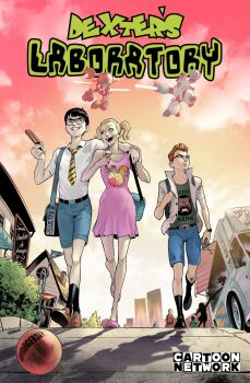 1girl 2boys action_hank aged_up arm_around_shoulder backpack bag ball black_boots black_eyes black_hair black_necktie black_socks blonde_hair blue_eyes blue_shorts blunt_bangs boots brown_shoes cartoon_network commentary company_name copyright_logo copyright_name dee_dee dexter's_laboratory dexter_(dexter's_laboratory) dress english_commentary english_text food food_truck freckles french_text glasses grin hair_pulled_back highres holding holding_food holding_ice_cream_cone holding_popsicle ice_cream_cone ice_cream_man_(dexter's_laboratory) jacket koosalagoopagoop logo looking_at_another looking_to_the_side major_glory mandark mandark-bot mecha multicolored_necktie multiple_boys necktie one_eye_closed orange_hair orange_sky outdoors pink_dress pink_shoes popsicle robo-dexo_2000 robot shirt shoes short-sleeved_jacket short_hair short_sleeves shorts shoulder_bag sky smile socks striped_clothes striped_necktie t-shirt twintails vasco_georgiev western_comics_(style) white_jacket white_shirt yellow_necktie