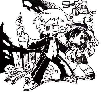 Rule 34 | 1boy, 1girl, black pants, black shirt, black skirt, bone, candle, collared shirt, corpse party, dress shirt, fal0811, gakuran, hachimaki, headband, highres, holding, holding candle, japanese text, kishinuma yoshiki, monochrome, neckerchief, pants, school uniform, serafuku, shadow, shinozaki ayumi, shirt, shoes, skeleton, skirt, skull, sneakers, tearing up, tears, translation request, undershirt, untucked shirt, white shirt