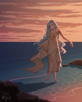 Rule 34 | 1girl, 37 (reverse:1999), absurdres, ancient greek clothes, armlet, backlighting, bare shoulders, barefoot, beach, blue eyes, blue hair, closed mouth, full body, gold choker, greco-roman clothes, hair between eyes, highres, horizon, jewelry, long hair, looking down, ocean, orange sky, outdoors, reverse:1999, rock, roxs (roxss29), sand, shadow, sky, smile, solo, toga, very long hair, wading, walking