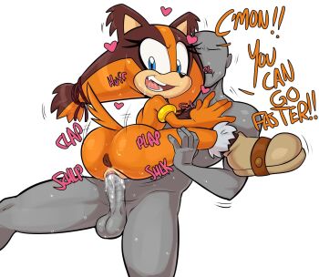 1boy 1girl anus ass blue_eyes colored_skin encouragement english_text erection faceless faceless_male footwear_only furry furry_female furry_with_non-furry grey_skin heart hetero highres huge_ass interspecies kyojiri_loli loli looking_back loving_aura lying moaning nude on_back orange_fur penis petite pussy sega sex shoes shouting simple_background size_difference sonic_(series) sonic_boom_(series) sound_effects source_request sticks_the_badger sweat talking testicles vaginal very_sweaty white_background