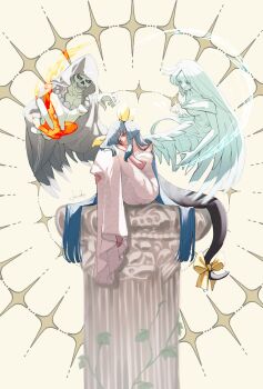 1girl angel_wings artist_name asymmetrical_wings bare_shoulders barefoot blue_hair breasts casting_spell cleavage commentary_request dizzy_(guilty_gear) dress feet fetal_position fire guilty_gear guilty_gear_xrd hair_rings highres hugging_own_legs kanea_(nikoinoillust) long_dress lying monster_girl necro_(guilty_gear) off-shoulder_dress off_shoulder pillar red_eyes ribbon shaded_face signature simple_background sitting sitting_on_object sparkle sunlight tail tail_ornament tail_ribbon twintails undine_(guilty_gear) white_background wings