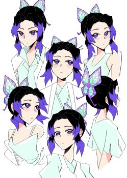 Rule 34 | 1girl, absurdres, bare shoulders, black hair, butterfly hair ornament, commentary, dress, hair ornament, highres, jacket, japanese clothes, kimetsu no yaiba, kimono, kochou shinobu, looking at viewer, looking to the side, multicolored hair, multiple views, purple eyes, purple hair, reference sheet, shirt, short hair, simple background, sleeveless, sleeveless dress, twixei0, two-tone hair, untranslatable commentary, white background, white dress, white jacket, white kimono, white shirt