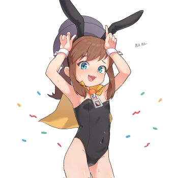 1girl a_hat_in_time alternate_costume animal_ears armpits arms_up black_hairband black_leotard blue_eyes blush breasts brown_hair cape commentary corrupted_twitter_file covered_navel cowboy_shot fake_animal_ears female_focus groin hairband hat hat_kid highres leotard loli looking_at_viewer medium_hair onion_(tamanegi) open_mouth playboy_bunny ponytail rabbit_ears rabbit_pose simple_background small_breasts smile solo standing strapless strapless_leotard sweat top_hat white_background wrist_cuffs