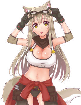 1girl :p adjustable_wrench animal_ears blush breasts cleavage clothes_around_waist elbow_pads female_focus fox fox_ears gloves goggles goggles_on_head grey_hair halterneck highres large_breasts lily_the_mechanic long_hair looking_at_viewer lost_pause mascot mechanic monotsuki navel solo tongue tongue_out tool_belt tools upper_body wrench yellow_eyes