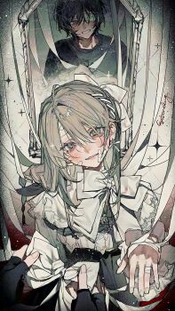 1boy bad_tag bandaid blush braid cross dress earrings gauze grey_eyes grey_hair helmet highres injury jewelry mirror sebone_long