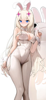 1girl absurdres animal animal_ear_hairband animal_ears bare_shoulders blonde_hair blue_eyes blush bow bowtie breasts cleavage collar covered_navel dduck_kong detached_collar fake_animal_ears hairband highleg highleg_leotard highres large_breasts leotard long_hair looking_at_viewer original oversized_animal pantyhose playboy_bunny rabbit rabbit_ear_hairband rabbit_ears solo strapless strapless_leotard white_collar white_wrist_cuffs wrist_cuffs