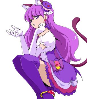 animal_ears cat_ears cat_girl cat_tail cure_macaron dress gloves kirakira_precure_a_la_mode kotozume_yukari long_hair magical_girl precure puffy_short_sleeves puffy_sleeves purple_dress purple_eyes purple_hair purple_thighhighs short_sleeves smile tail thighhighs uraki white_gloves
