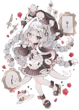 Rule 34 | 1girl, absurdres, apron, black bow, black dress, black eyes, black hat, black shoes, blush, bow, bowtie, braid, cake, closed mouth, commentary request, double-parted bangs, dress, food, fork hair ornament, frilled apron, frilled dress, frills, full body, hair bow, hair intakes, hair ornament, hairclip, hand up, hat, heterochromia, highres, index finger raised, knife hair ornament, koronothu, long hair, long sleeves, looking at viewer, mob cap, multiple braids, original, parallel hairclips, plate, shoes, simple background, smile, solo, standing, standing on one leg, striped bow, striped bowtie, striped clothes, white apron, white background, white bow, white bowtie, white eyes, white hair