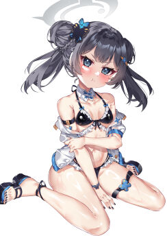 1girl :t absurdres alternate_costume bikini black_bikini black_hair black_sandals blue_archive blush chinese_commentary collar collarbone commentary double_bun full_body grey_eyes grey_halo hair_bun halo highres hua-huahua jacket kisaki_(blue_archive) looking_at_viewer navel pear-shaped_figure petite sandals simple_background sitting solo swimsuit twintails v-shaped_eyebrows wariza white_background white_collar white_jacket