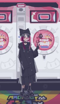 Rule 34 | 1girl, absurdres, animal ears, animal hat, beanie, black coat, black collar, black gloves, black hat, black shirt, black shoes, black skirt, black socks, coat, collar, commentary request, drawstring, fake animal ears, glasses, gloves, grey hair, hand up, hat, highres, hood, hood down, hooded coat, long hair, long sleeves, looking at viewer, maimai (game), multicolored hair, original, papaia (quentingqoo), pleated skirt, purple eyes, purple hair, red-framed eyewear, semi-rimless eyewear, shirt, shoes, short hair with long locks, skirt, sleeves past wrists, socks, solo, standing, streaked hair, under-rim eyewear, v, wide sleeves