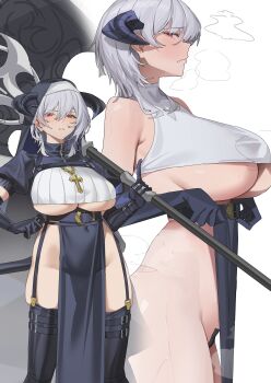 1girl absurdres axe blush breasts closed_mouth covered_erect_nipples embarrassed frown gloves gong_dol_hong grey_hair groin highres holding holding_axe horns huge_breasts juliet_sleeves loincloth long_sleeves looking_to_the_side maebari multiple_girls multiple_views nun original puffy_sleeves red_eyes simple_background thighhighs underboob white_background