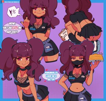 ! 1girl absurdres ass black_hair black_nails black_skirt black_socks blush breasts broken_heart brown_hair choker cleavage clipboard clothes_writing collarbone femboy_hooters_(meme) flying_sweatdrops food goth_fashion hand_on_own_hip hand_on_own_knee heart heart_necklace highres holding ihop jewelry leaning_forward long_hair looking_at_viewer mari_(tiaramisstsu) mask meme middle_finger midriff mouth_mask multiple_views name_tag navel necklace pancake pancake_stack panties pen pink_panties plate purple_background red_eyes shoes short_sleeves skirt small_breasts smile sneakers socks speech_bubble spoken_exclamation_mark squatting standing sweat thigh_strap tiara_miss_tsu twintails underwear waitress white_footwear