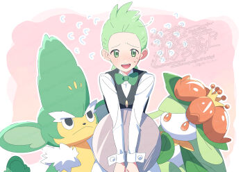 1boy black_vest blush bow bowtie cilan_(pokemon) closed_mouth colored_sclera colored_skin flower gen_5_pokemon green_bow green_eyes green_hair hair_flower hair_ornament lilligant long_sleeves monkey monster_girl nintendo open_mouth orange_flower orange_sclera plant_girl plant_hair pokemon pokemon_(creature) pokemon_bw red_eyes serizawa_serizane shirt short_hair simisage sweat traditional_bowtie vest white_shirt white_skin