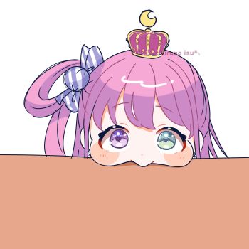 1girl absurdres arched_crown artist_name blush_stickers candy_hair_ornament closed_mouth commentary crescent crown english_commentary food-themed_hair_ornament green_eyes hair_ornament hair_rings head_rest heterochromia highres himemori_luna himemori_luna_(1st_costume) hiruno_isu hololive long_hair looking_at_viewer mixed-language_commentary on_table pink_hair puffy_cheeks purple_eyes red_crown simple_background single_hair_ring solo swept_bangs table virtual_youtuber white_background yurie_mouth