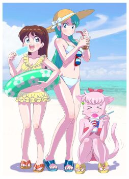 >_< 3girls animal_ears aqua_hair bare_arms bare_legs beach bikini bikini_skirt blue_bikini blue_bow blue_eyes blue_sky body_fur bow breasts brown_hair cat_ears cat_girl cat_tail cleavage closed_mouth cloud colored_skin commentary_request crossover cup drink drinking_straw eating flip-flops floral_print food frilled_bikini frills full_body furry furry_female genji_tsuushin_agedama hair_bow hand_up hands_up hat hat_bow heike_ibuki highres holding holding_drink holding_food holding_popsicle holding_spoon horizon ice ice_cube iced_tea innertube kuki_rei long_hair looking_at_another medium_breasts miiya_miiya mizutani_kenta multiple_girls navel ocean open_mouth outdoors pink_fur pink_hair pink_skin popsicle print_innertube red_bikini red_bow rpg_densetsu_hepoi sandals shaved_ice side-tie_bikini_bottom sky small_breasts smile spoon spoon_straw squatting standing strapless strapless_bikini sun_hat swim_ring swimsuit tail teeth upper_teeth_only yellow_bikini