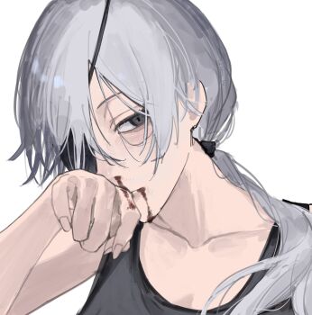 1girl black_tank_top blood blood_from_mouth chainsaw_man eyepatch grey_eyes grey_hair highres kohaa_ku long_hair nosebleed ponytail quanxi_(chainsaw_man) simple_background solo tank_top white_background