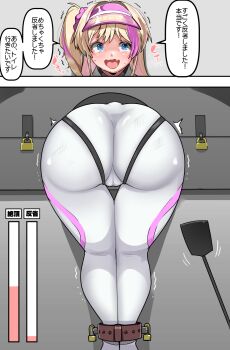 1girl ass ass_focus blonde_hair blue_eyes blush cameltoe goddess_of_victory:_nikke hair_ornament hair_scrunchie leggings liveryn_(nikke) long_hair multicolored_hair open_mouth pants purple_hair scrunchie smile solo spanked stuck sweat tears through_wall translation_request trembling two-tone_hair visor_cap yorozuya_(yoroz_ryobi)