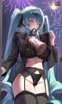 Rule 34 | 1girl, aerial fireworks, aqua hair, black bra, black garter belt, black garter straps, black jacket, black necktie, black panties, black ribbon, black thighhighs, bow, bow bra, bow panties, bra, breasts, choppy bangs, commentary request, cowboy shot, curvy, earrings, fireworks, fishnets, garter belt, garter straps, goddess of victory: nikke, groin, hair intakes, hair ornament, hair ribbon, half-closed eyes, highres, huge breasts, ice bear, jacket, jewelry, lingerie, long hair, long sleeves, mouth hold, navel, navel peek, necktie, necktie in mouth, night, no pants, open clothes, open jacket, orange eyes, outdoors, panties, paw hair ornament, privaty (nikke), privaty (sharp lesson) (nikke), raised inner eyebrows, ribbon, sky, small sweatdrop, solo, standing, stomach, striped clothes, striped jacket, thighhighs, twintails, underwear, undressing, vertical-striped clothes, vertical-striped jacket, very long hair, wide hips