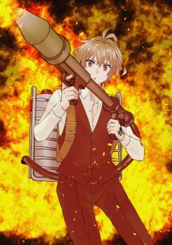 Rule 34 | ahoge, antenna hair, black pants, black vest, commentary request, cowboy shot, dress shirt, eagret, fate/apocrypha, fate (series), fiery background, fire, flamethrower, grey hair, hair between eyes, holding, holding flamethrower, holding weapon, orange eyes, pants, shirt, short hair, sieg (fate), vest, weapon, white shirt