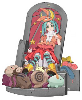 1girl absurdres anomarasu aqua_hair artist_logo boots commentary crescent dress english_commentary faux_figurine googly_eyes green_eyes hat highres layered_dress logo looking_at_viewer monogatari_(series) ononoki_yotsugi orange_dress orange_hat origami paper_crane puffy_short_sleeves puffy_sleeves rubber_boots short_eyebrows short_sleeves simple_background sitting solo star_(symbol) striped_clothes striped_thighhighs stuffed_animal stuffed_boar stuffed_cat stuffed_crab stuffed_duck stuffed_monkey stuffed_rabbit stuffed_snail stuffed_snake stuffed_toy thick_eyebrows thighhighs throne twintails w white_background yellow_boots