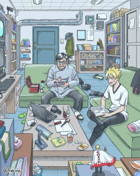 2boys black_boots black_hair blonde_hair blue-framed_eyewear blue_eyes book boots boruto:_naruto_next_generations character_doll commentary_request computer couch desk doll door facial_mark figure_four_sitting glass glasses hat highres jacket knee_boots lamp laptop male_focus matsu_(fu6ide2) monitor multiple_boys naruto_(series) open_book paper pencil pliers screwdriver scroll sitting slippers socks television tissue_box toono_katasuke trash_can twitter_username unworn_hat unworn_headwear unworn_jacket uzumaki_boruto uzumaki_naruto whisker_markings white_socks