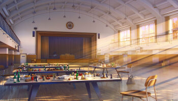 3d alcohol beer food highres indoors no_humans original scenery school sitai_xiii sunset watermark window