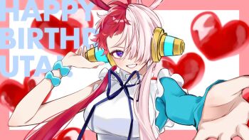 1girl asymmetrical_bangs birthday bracelet breasts character_name commentary_request dress hair_over_one_eye happy_birthday headphones heart highres jewelry large_breasts long_hair looking_at_viewer multicolored_hair neck_ribbon one_piece one_piece_film:_red outstretched_hand parted_lips purple_eyes red_hair ribbon single_sleeve solo two-tone_hair upper_body uta_(one_piece) white_dress white_hair yanase_rkgk