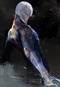 1boy armor cofffee cyborg faceplate gray_fox_(metal_gear) helmet holding holding_sword holding_weapon male_focus mask metal_gear_(series) metal_gear_solid ninja one-eyed reverse_grip robot sensor solo sword weapon