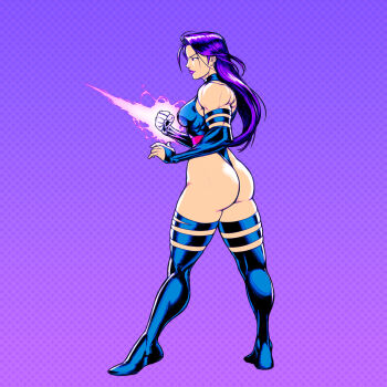 1girl ass bare_shoulders breasts capcom clenched_hand commentary commentary_request energy_blade facing_to_the_side fighting_game fingernails full_body gradient_background highleg highleg_leotard highres jiggeh leotard lipstick long_hair makeup marvel muscular muscular_female nose psylocke purple_eyes purple_hair purple_leotard purple_lips red_sash sash spread_legs standing superhero_costume t-back toned toned_female waist_sash x-men x-men_(1992_video_game)